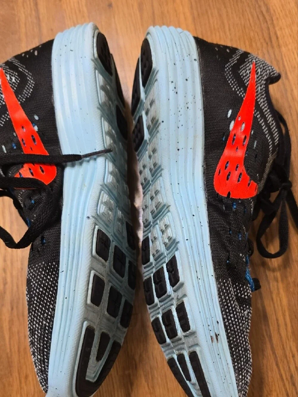Nike Black Knit Sneakers with Blue Laces and Coral Swoosh